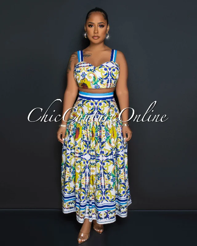 Crisanto White Multi-Color Print Crop Top & Maxi Skirt Set Elegant Classic Vintage