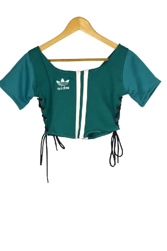 Green Reworked Adidas Brand Crop Top Hooded Caped Shawl Collar