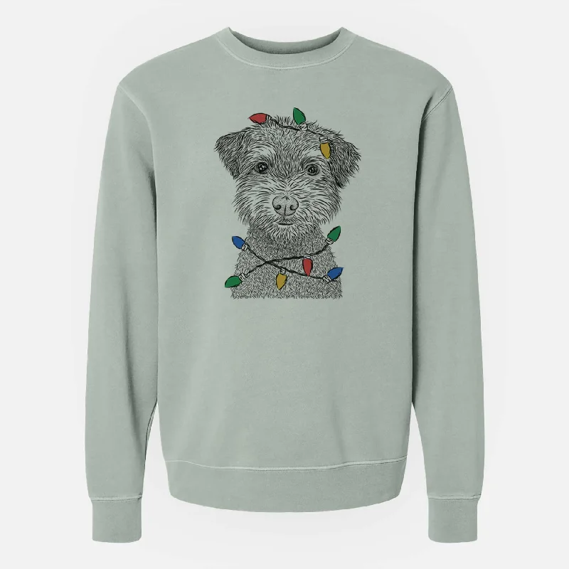 Christmas Lights Pretzel the Schnoodle - Unisex Pigment Dyed Crew Sweatshirt Hoodie with Back Slit Movement Comfort