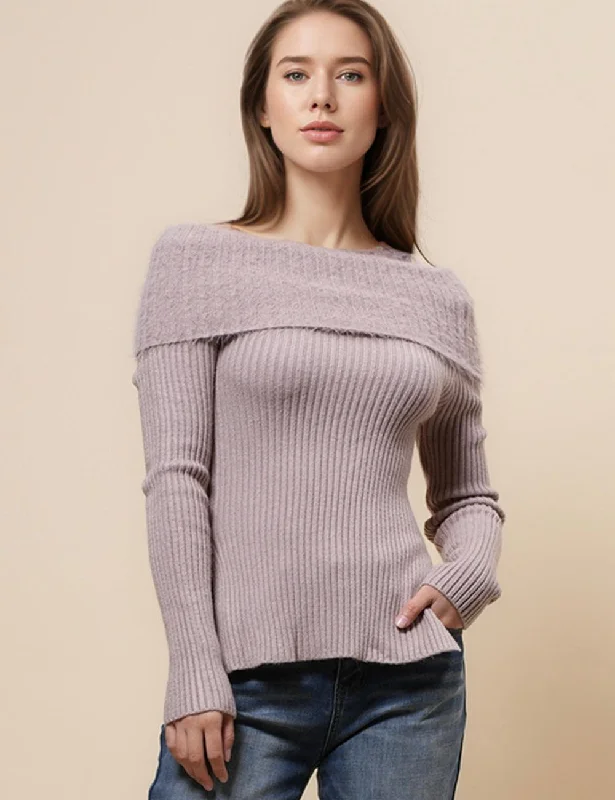 Ladies Folder Off Shoulder Faux Mink Pullover Sweater SKT4883 Terry Blend Velvet Blend Canvas Blend