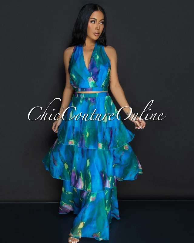 Donica Blue Multi Print Crop Top & Tier Maxi Skirt Set Front Pockets Side Pockets Patch Pockets