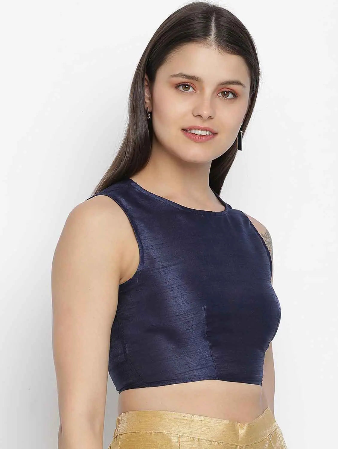Vansic Navy Blue Dupion Silk Women Crop Top Asymmetrical Pockets Print