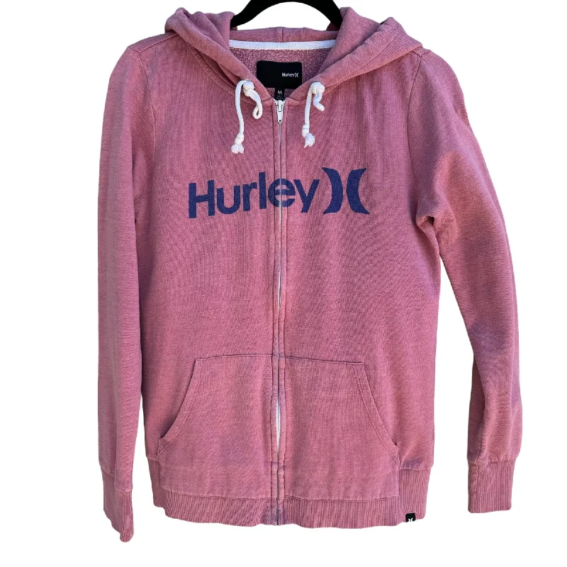 Hurley Vintage Y2K Womens Pink Zip Front Graphic Print Long Sleeve Hoodie Medium Hoodie with Cropped Fit Short Trendy