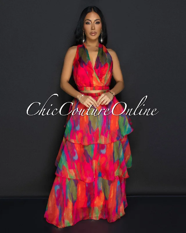 Donica Red Multi Print Crop Top & Tier Maxi Skirt Set Zippered Front Buttoned Front Snap Front