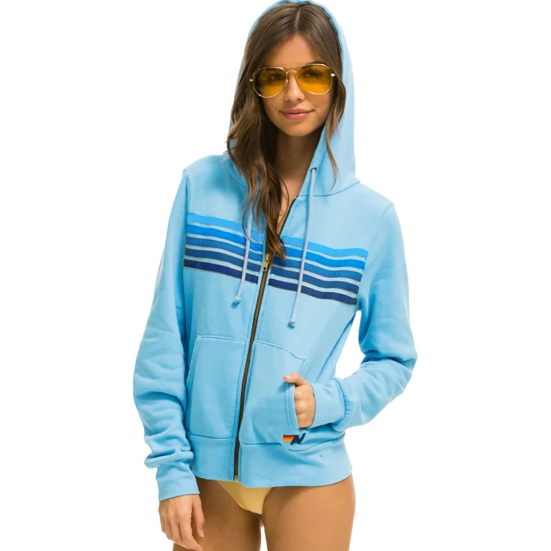 5 Stripe Zip Hoodie Sky Blue/Blue Hoodie with Oversized Fit Loose Comfortable