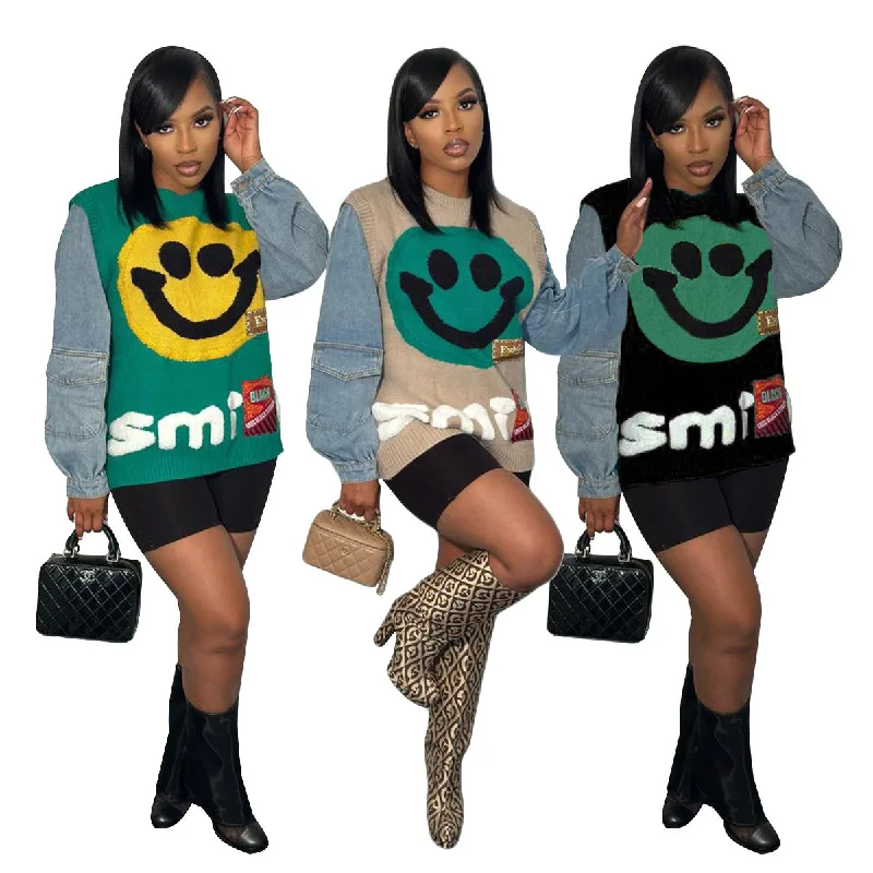 Denim Stitching Women's Knitted Sweater (CL11168) Ribbed Striped Patterned