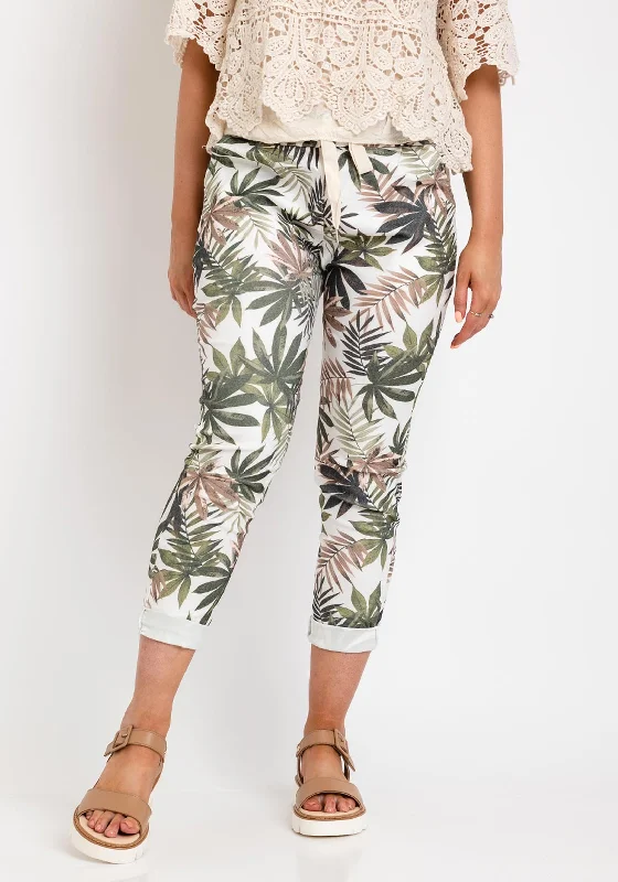 The Serafina Collection One Size Leaf Print Drawstring Trouser, Khaki Trousers Sale Discount