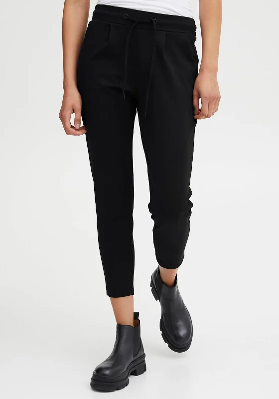 ICHI Kate Cropped Jogger Trousers, Black Trousers Silk Elegant