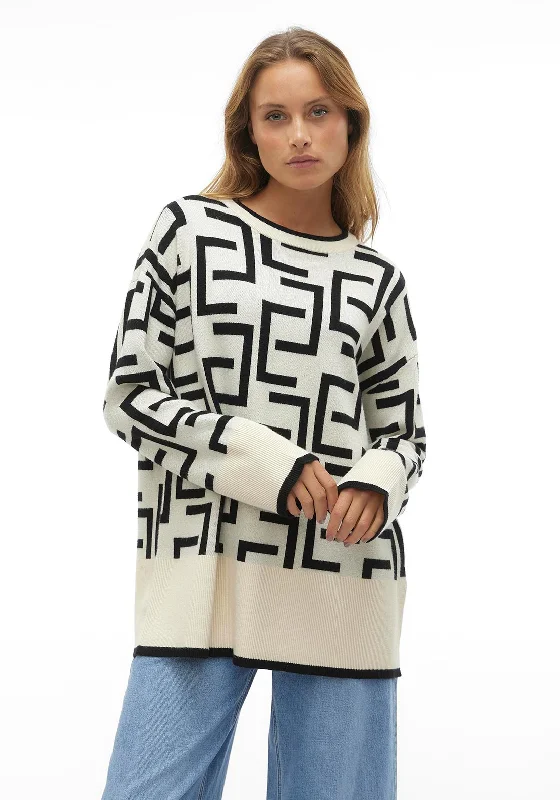 Vero Moda Saba Geo Art Knit Jumper, Birch & Black Oversized Loose Flowy