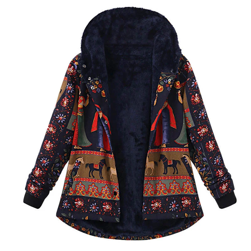 2018 Winter Celmia Women Boho Print Hoodies Long Sleeve Fleece Warm Sweatshirt Coat Loose Buttons Down Retro Jacket Outwear Hoodie with Crew Neck Simple Timeless
