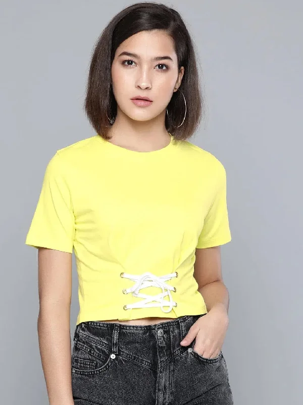 Yellow Criss Cross Detail Crop Top Solid Color Striped Floral