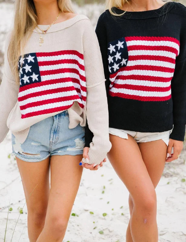 Ladies Round Neck American Flag Pullover Sweater SKT41070 Cotton Fabric Linen Fabric Terry Fabric