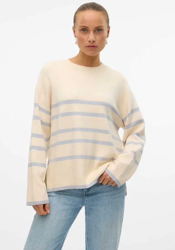 Vero Moda Saba Stripe Print Sweater, Birch & Blue Stylish Fashionable Trendy