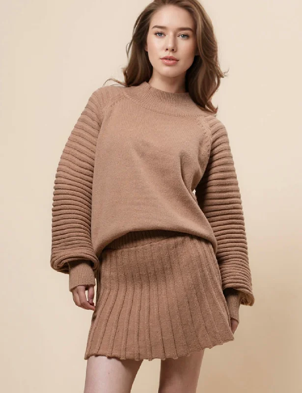 Ladies Pullover Sweater Top & Mini Pleated Skirt Set SKST41008 Boxy Sweater Fitted Sweater A-Line