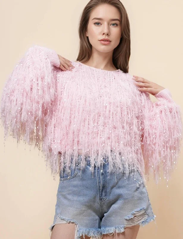 Ladies Tassels Pink Chic Faux Mink Pullover Sweater SKT4971 Ribbed Striped Patterned