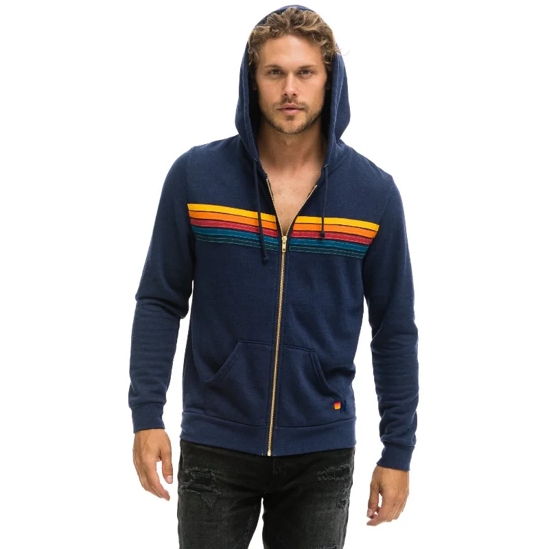 5 Stripe Zip Up Hoodie Navy Hoodie with Raglan Sleeves Sporty Comfortable