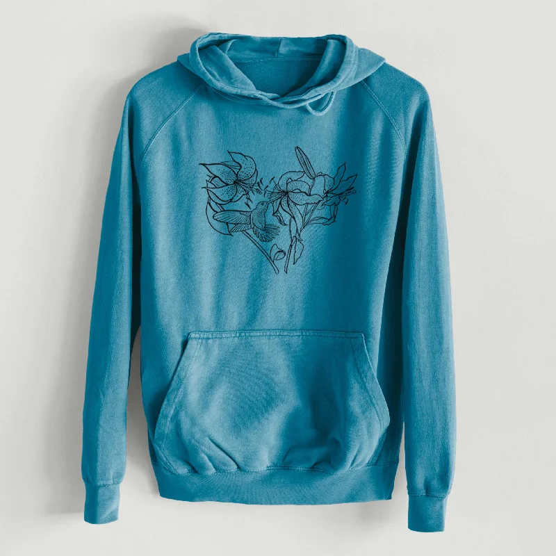 Hummingbird with Lillies Heart  - Mid-Weight Unisex Vintage 100% Cotton Hoodie Hoodie with Turtle Neck Cozy Winter