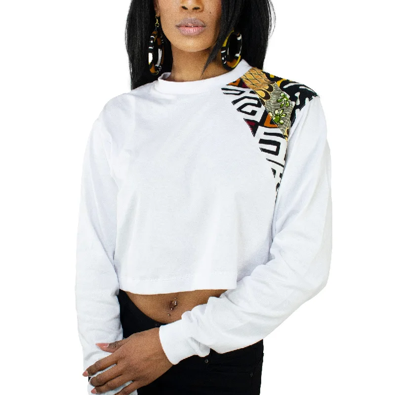 Women's Crop Top White African Print Unisex Long Sleeve Shirt | Pressed Print | Shoulder Print | Juneteenth | Heat Pressed Print | African | Women's Shirt | Cloth & Cord Satin Blend Silk Blend Wool Blend