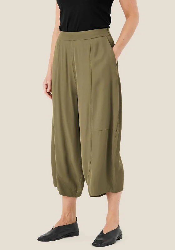 Masai Peggy Cropped Balloon Trousers, Khaki Wide Leg Loose Fit Mid Waist