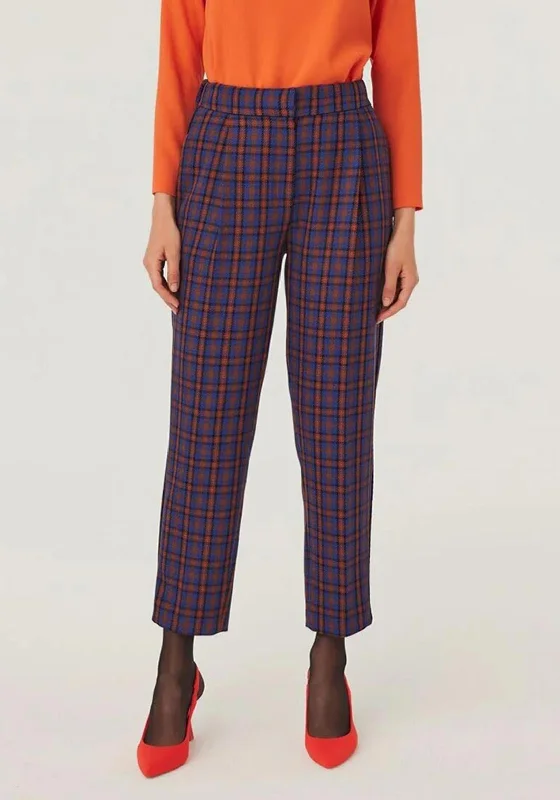 Exquise Tartan Slim Leg Trousers, Blue & Tan Multi High Waist Slim Fit Ankle Length