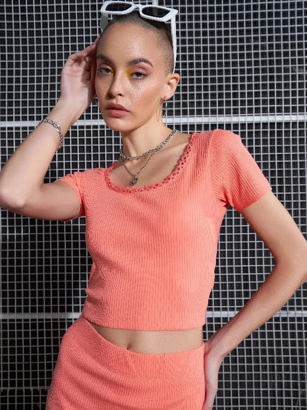 Women Peach Rib Round Neck Crop Top Mesh Canvas Denim