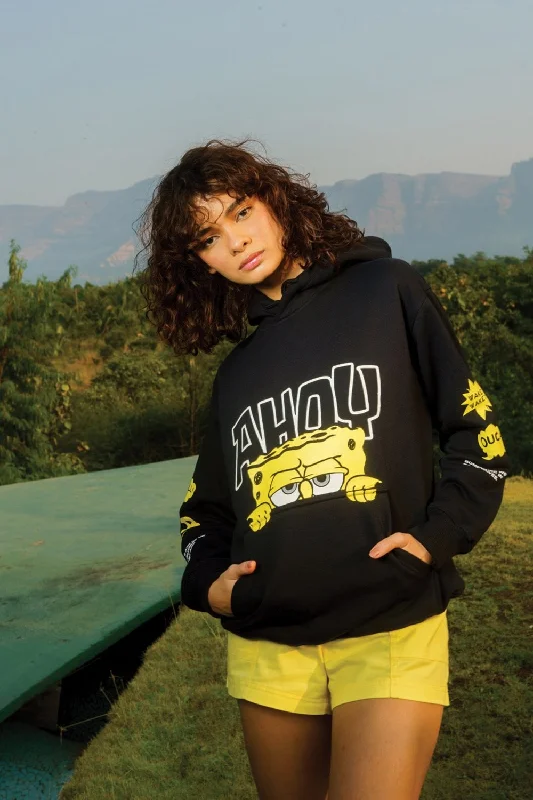 Ahoy Black Hoodie Hoodie with Mock Neck Collared Structured