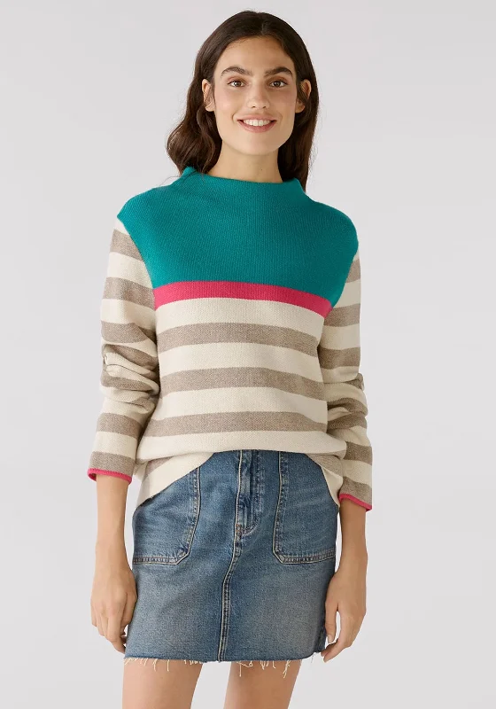 OUI High Neck Striped Knit Jumper, Multi Denim Fabric Leather Fabric Suede Fabric