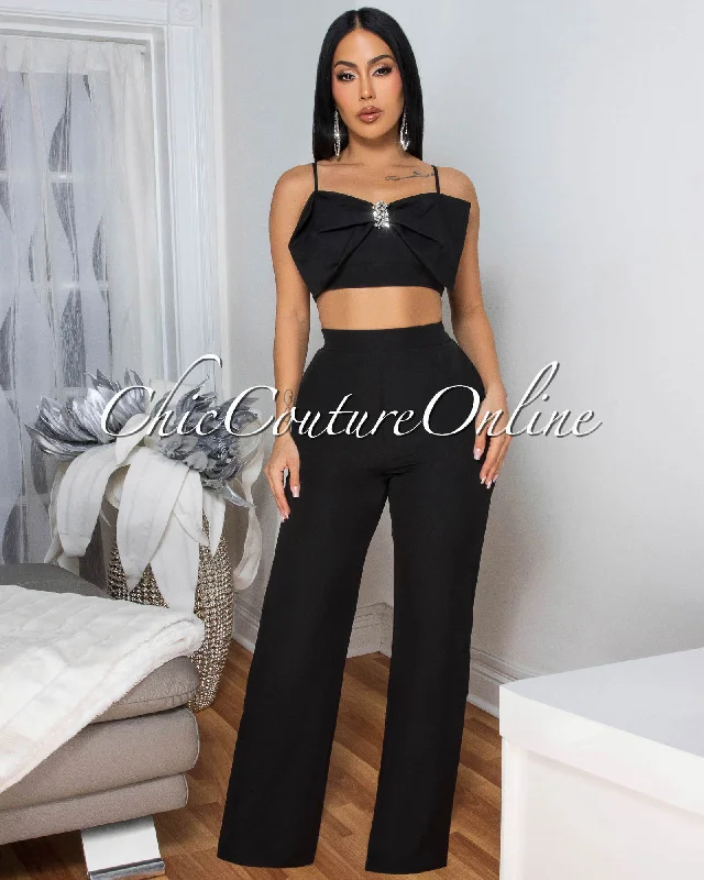 Jeannie Black Crop Top Pants Set Fashionable Trendy Casual