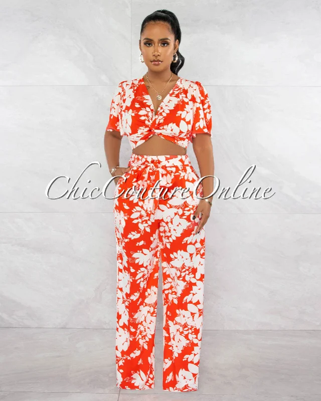 Barcelo Tomato White Print Crop Top & Wide Pants Set Elasticated Padded Insulated