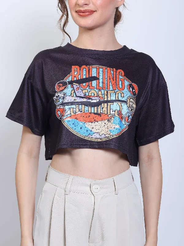 Rolling Stones Crop Top Hooded Caped Shawl Collar