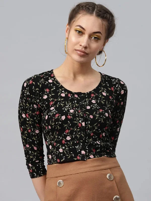 Black Floral Front Button Crop Top Hooded Caped Shawl Collar
