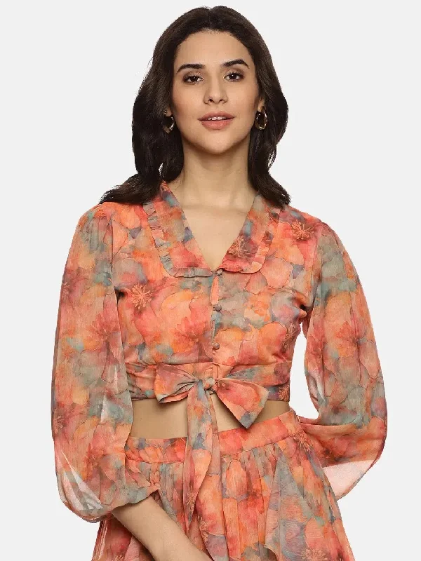 Floral Orange Front Tie-Knot Crop Top-17354 Mesh Blend Leather Blend Suede Blend