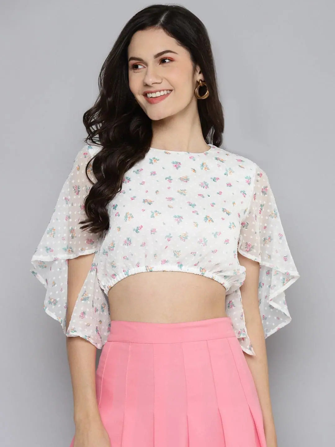Women White Dobby Floral Butterfly Sleeve Crop Top Fashionable Trendy Casual