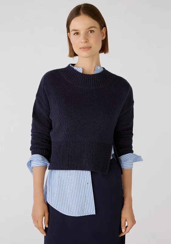 OUI Wool Blend Short Jumper, Dark Blue Satin Blend Silk Blend Wool Blend