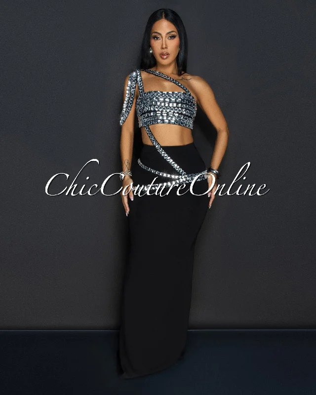 Orzola Black Rhinestones Crop Top & Maxi Skirt Set Cotton Fabric Linen Fabric Terry Fabric