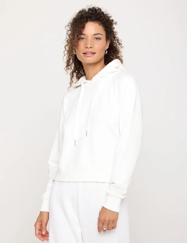 All Eyes Harper Crop Hoodie - White Hoodie with Hem Fringe Bohemian Relaxed