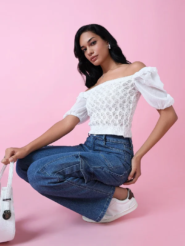 Women White Solid Crochet Crop Top-OC-8666-2-White Jersey Fabric Tulle Fabric Batik Fabric