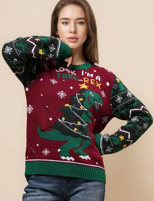 Ladies Merry Chirsmas Tree and Dinosaur Pullover Sweater SKT4925 Chenille Fabric Brocade Fabric Lace Fabric