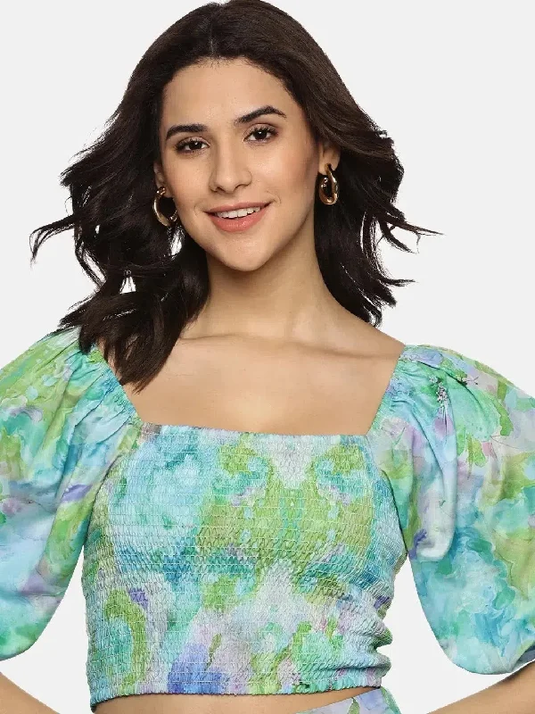 Floral Multicolor Smocking Crop Top-17321 Notch Collar Peter Pan Collar Cowl Neck