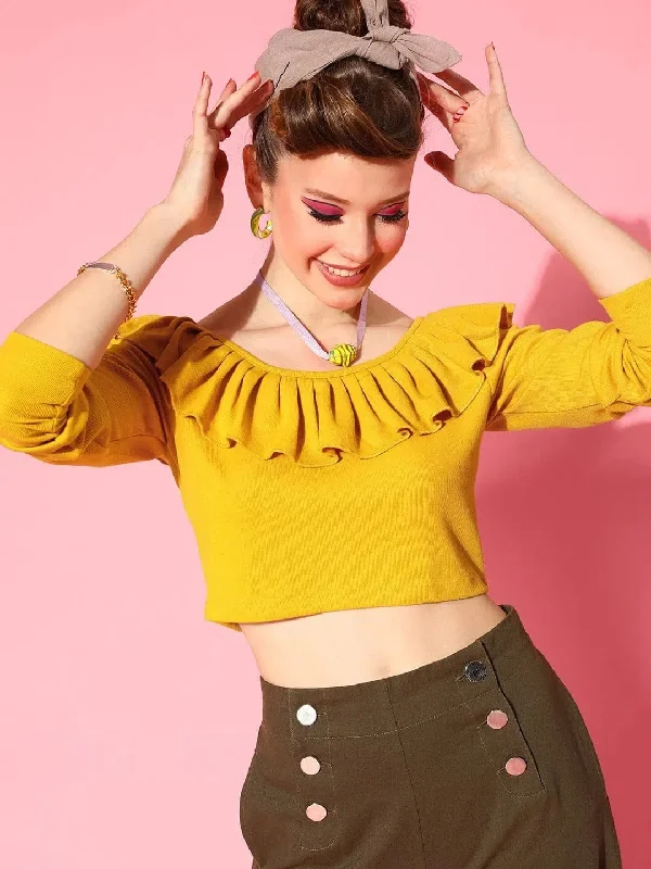 Women Mustard Frilly Neck Rib Crop Top Spandex Blend Rayon Blend Denim Blend