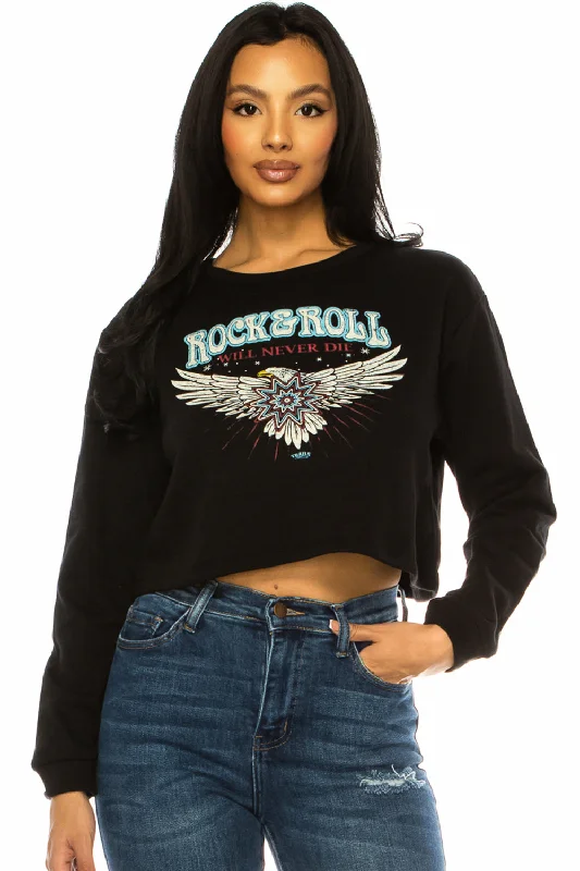 ROCK & ROLL WILL NEVER DIE EAGLE CROP SWEATSHIRT Hoodie with Elastic Cuffs Stretchable Comfortable