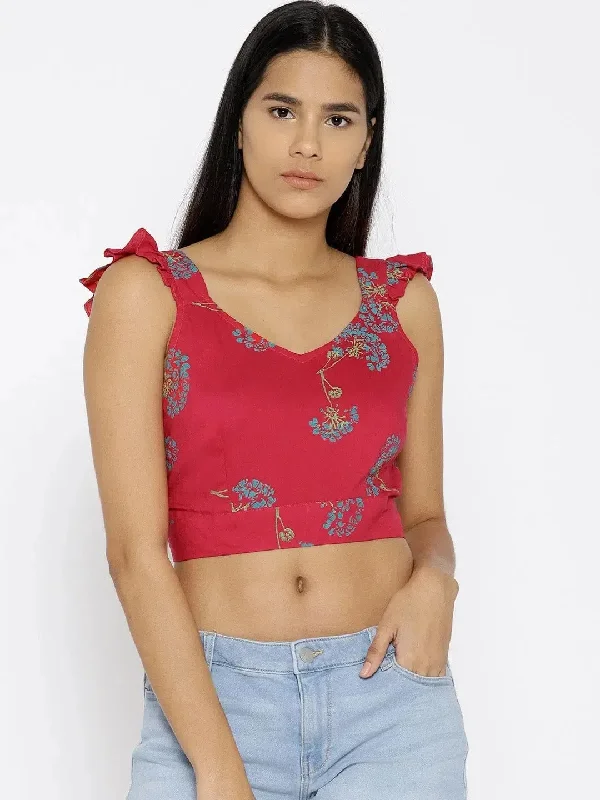 Back tie up Printed Crop Top in Red Silk Blend Satin Velvet