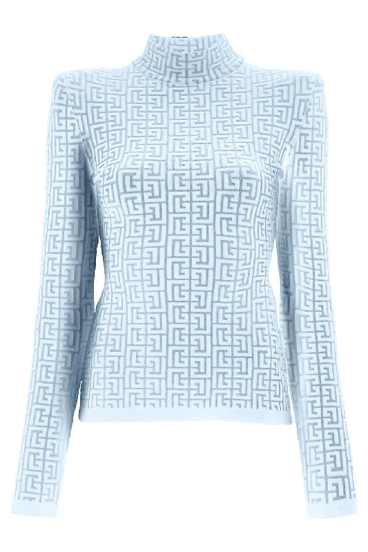 Long Sleeve Monogram Knit Sweater - Bleu Transparent Opaque Sheer