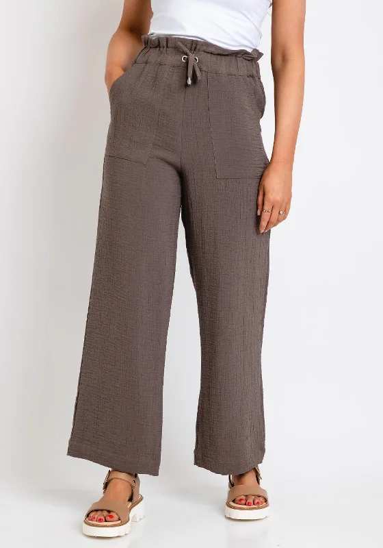 Naya Crinkle Material Straight Leg Trousers, Taupe Trousers sophisticated sleek