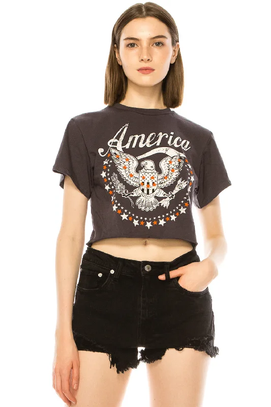 AMERICA EAGLE EMBLEM CUT CROP TOP GREY Welt Pockets Slit Pockets Flap Pockets