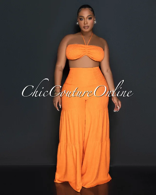 Lula Orange Halter Smocked Crop Top & Linen Wide Pants Set Satin Blend Silk Blend Wool Blend