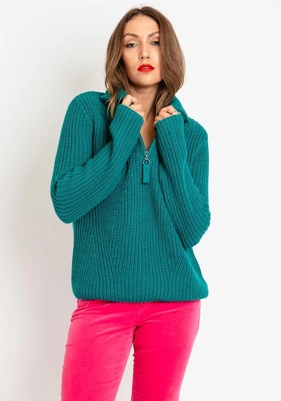 OUI High Neck Half-Zip Knit Jumper, Green Fleece Fabric Down Fabric Feather Fabric