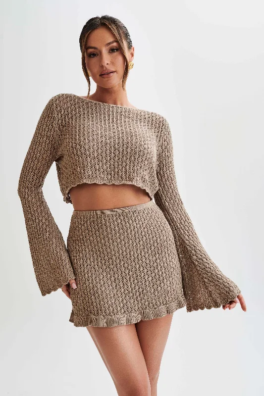 Sian Knit Long Sleeve Crop Top - Taupe Solid Print Embellished