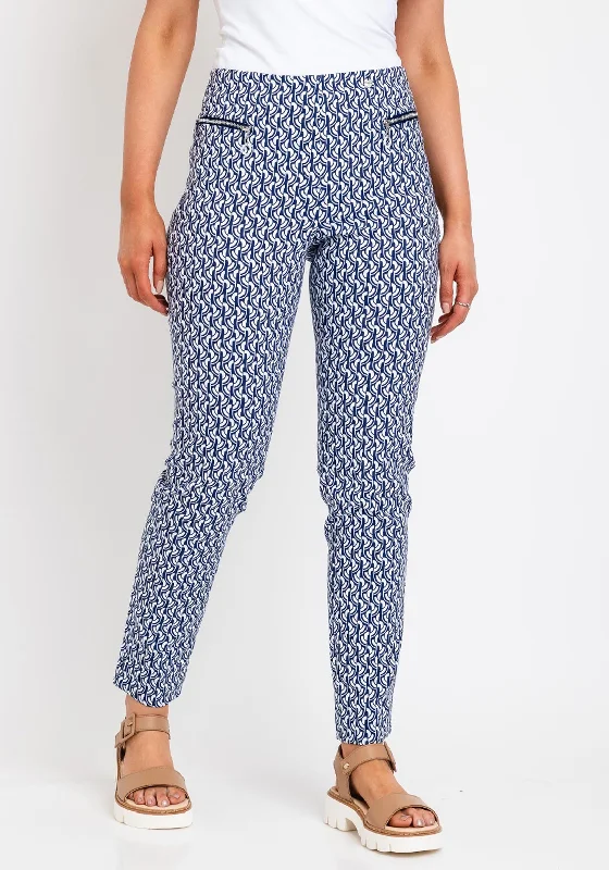 Robell Mimi Print Full Length Trousers, Blue & White Trousers Favorite Customer