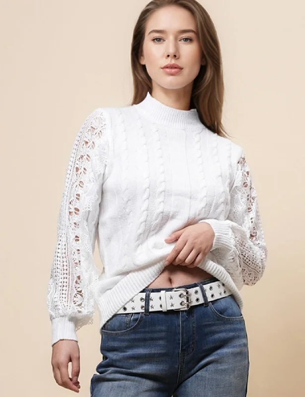 Ladies Solid Color Lace Shoulder Pullover Sweater SKT4889 Cashmere Blend Cotton Blend Poly Blend